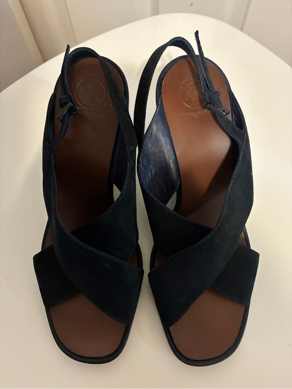 Tory Burch Navy Suede Crisscross Slingback Sandals